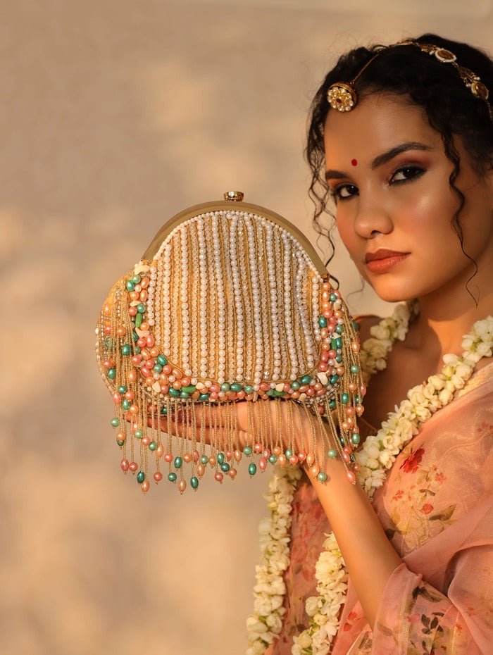 Sona Pearl Tasselled Potli Bag | Modern Elegance with Detachable Handle - Sona_Gold