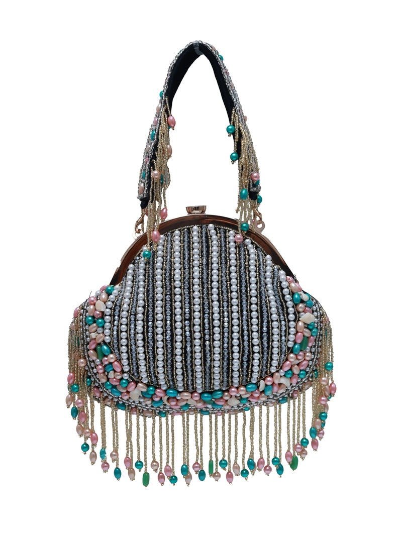 Sona Pearl Tasselled Potli Bag with Detachable Handle | Elegant Handcrafted Clutch - Sona_Black