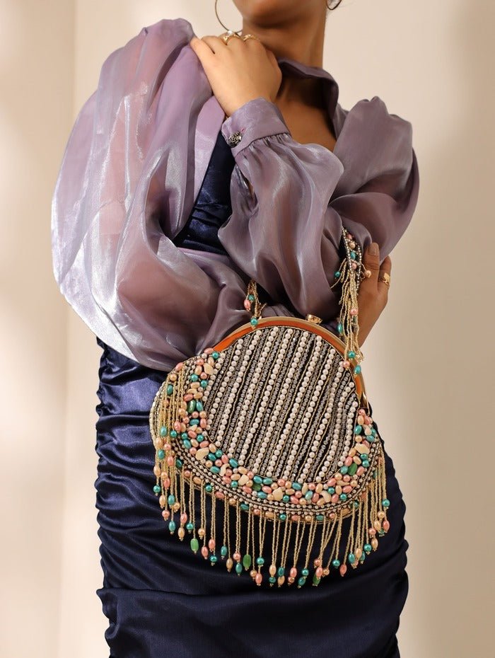 Sona Pearl Tasselled Potli Bag with Detachable Handle | Elegant Handcrafted Clutch - Sona_Black