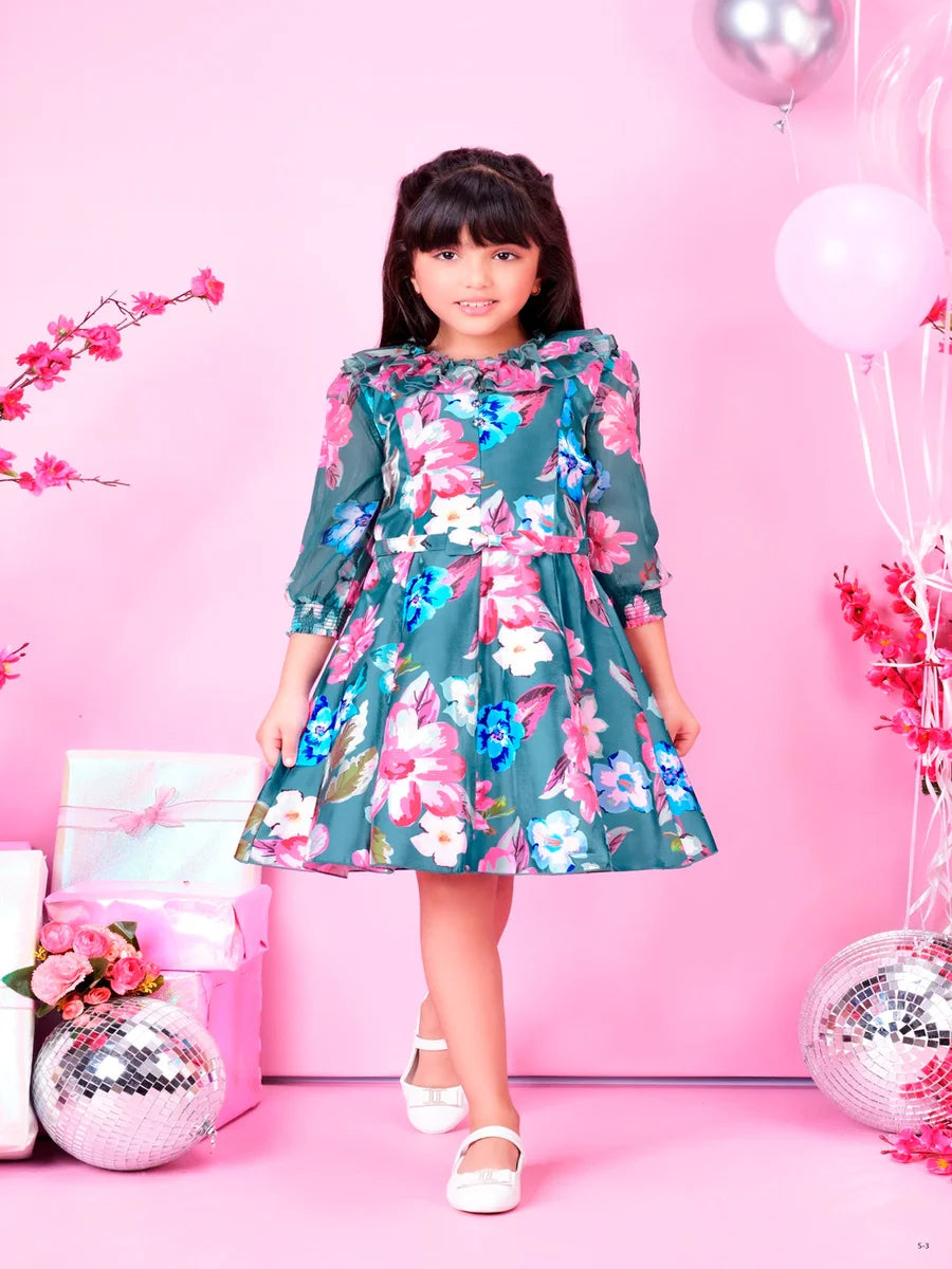 Teal Blue Satin Birthday Dress for Kids | Elegant & Trendy Outfit
