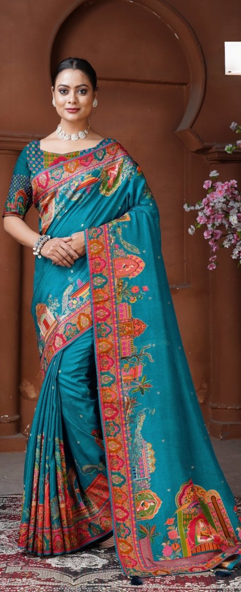 Stunning Dola Silk Saree with Woven Pallu Teal Blue and Mustard - TATHASTU - ANAARA POSITION - S - 191 - C