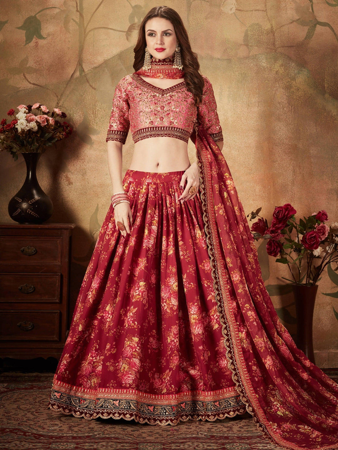 Maroon Floral Print Lehenga Choli | Peach Organza Bridal Wear