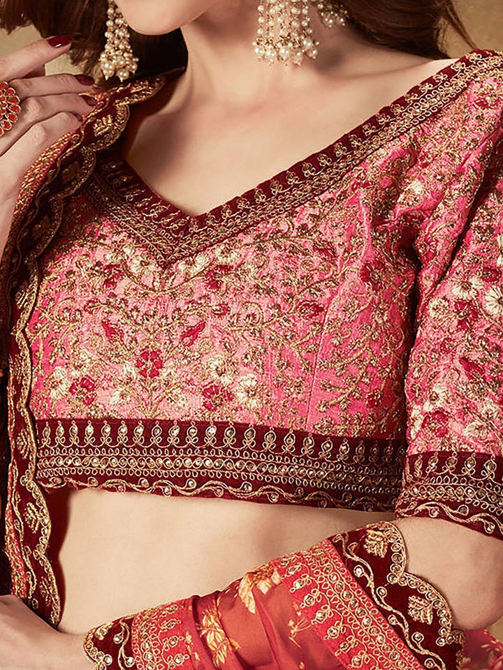 Maroon Floral Print Lehenga Choli | Peach Organza Bridal Wear