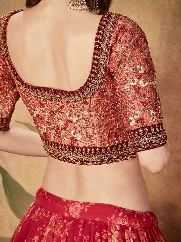 Maroon Floral Print Lehenga Choli | Peach Organza Bridal Wear