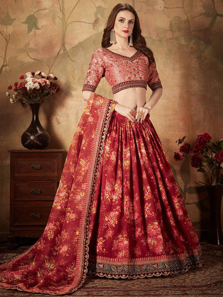 Maroon Floral Print Lehenga Choli | Peach Organza Bridal Wear