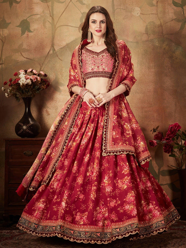 Maroon Floral Print Lehenga Choli | Peach Organza Bridal Wear