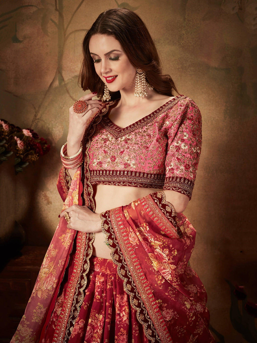 Maroon Floral Print Lehenga Choli | Peach Organza Bridal Wear