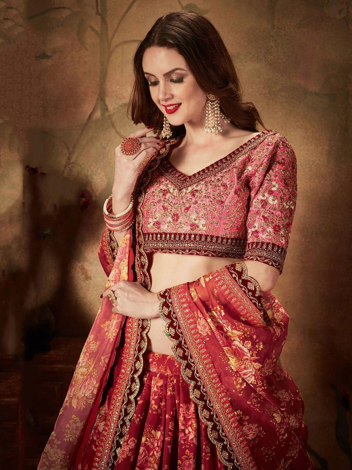 Maroon Floral Print Lehenga Choli | Peach Organza Bridal Wear