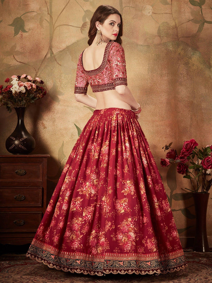 Maroon Floral Print Lehenga Choli | Peach Organza Bridal Wear