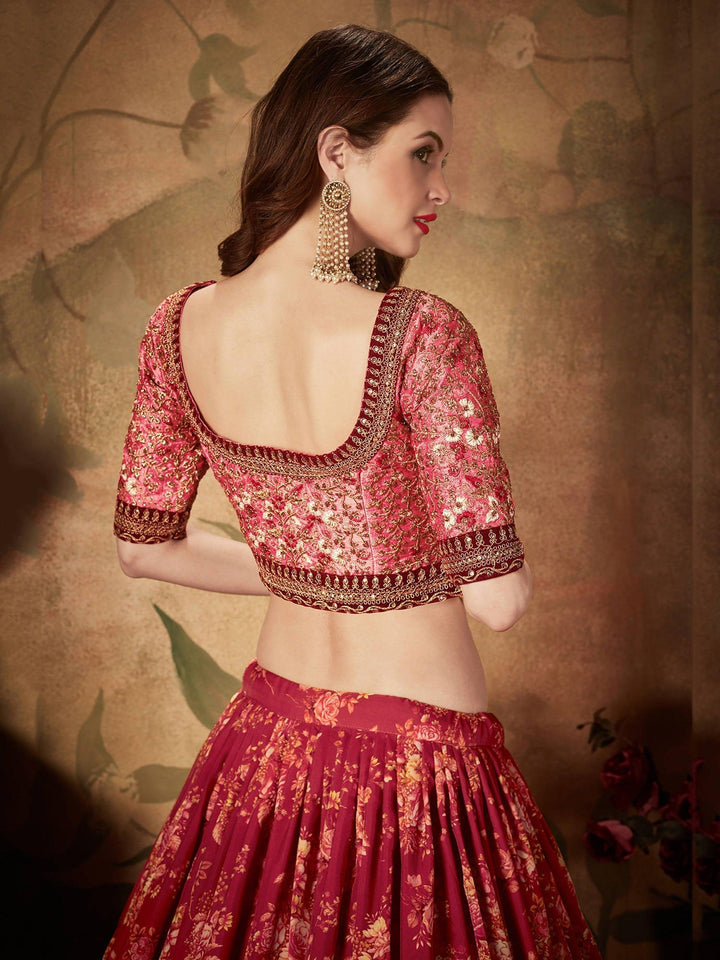 Maroon Floral Print Lehenga Choli | Peach Organza Bridal Wear