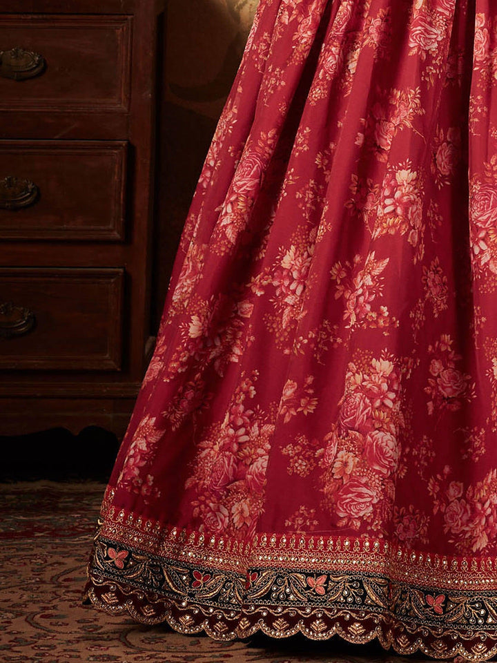 Maroon Floral Print Lehenga Choli | Peach Organza Bridal Wear