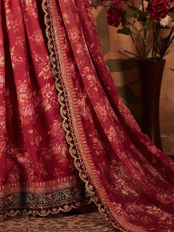 Maroon Floral Print Lehenga Choli | Peach Organza Bridal Wear