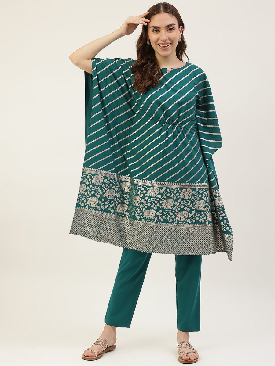 Stylish Green Kaftan with Bottom | Elegant Designer Foil Printed Set - ACY1744 - 1