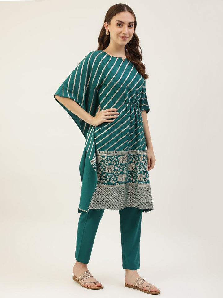 Stylish Green Kaftan with Bottom | Elegant Designer Foil Printed Set - ACY1744 - 1