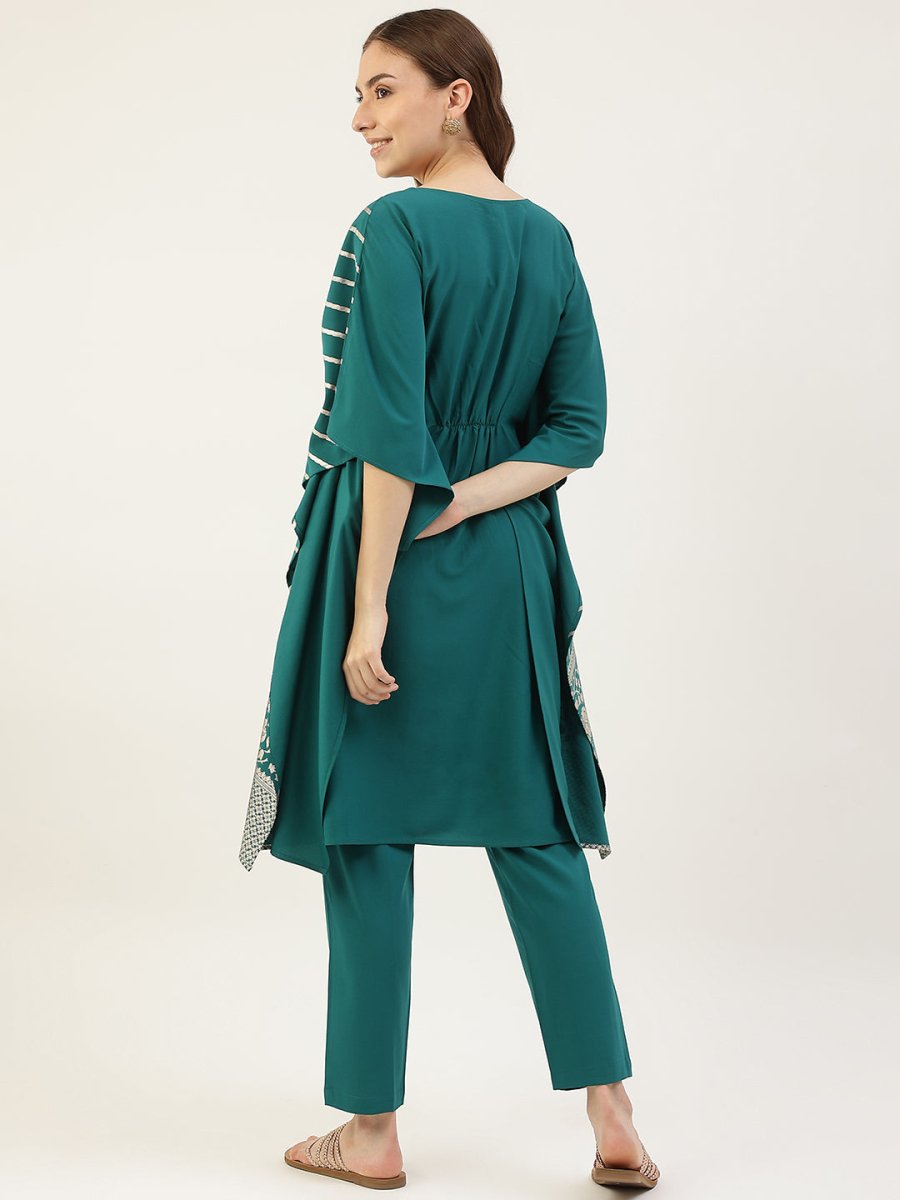 Stylish Green Kaftan with Bottom | Elegant Designer Foil Printed Set - ACY1744 - 1