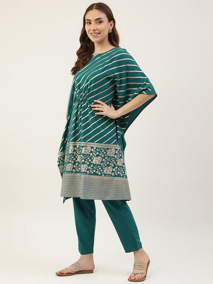 Stylish Green Kaftan with Bottom | Elegant Designer Foil Printed Set - ACY1744 - 1