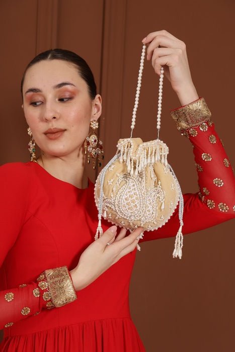 Sukoon Hand Embroidered Potli Bag | Chic Pearl Handle Accessory - Sukoon_beige