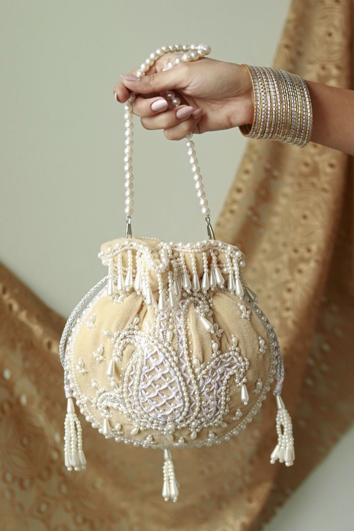 Sukoon Hand Embroidered Potli Bag | Chic Pearl Handle Accessory - Sukoon_beige