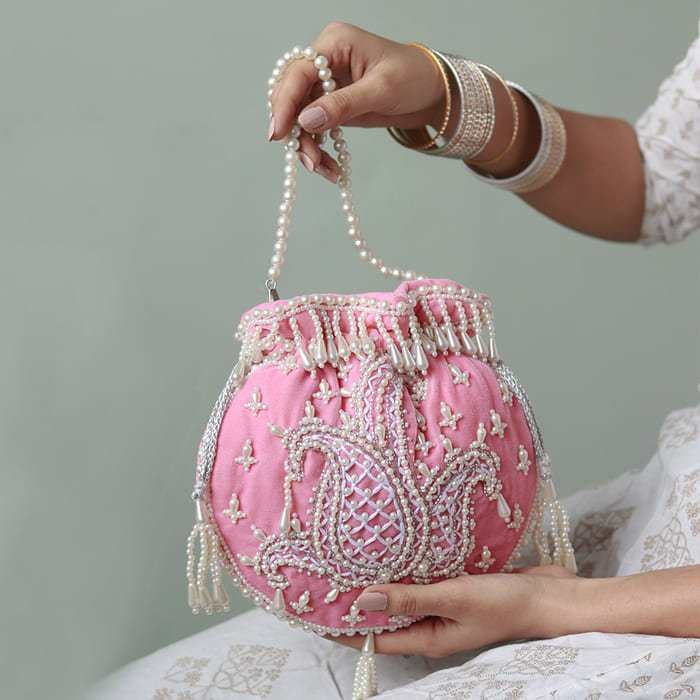 Sukoon Hand Embroidered Potli Bag | Elegant Accessory with Pearl Handle - Sukoon_pink