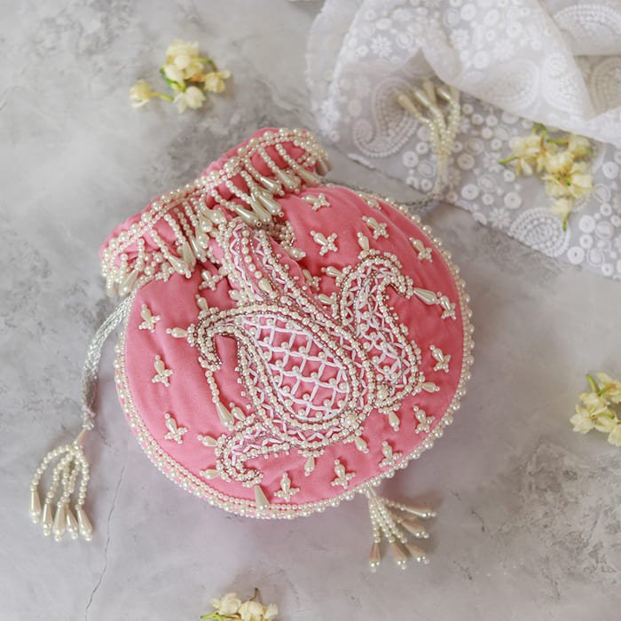 Sukoon Hand Embroidered Potli Bag | Elegant Accessory with Pearl Handle - Sukoon_pink