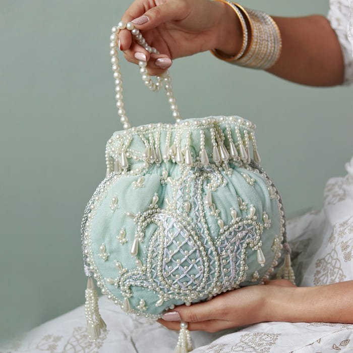 Sukoon Hand Embroidered Potli | Elegant Pearl Handle Accessory - Sukoon_blue