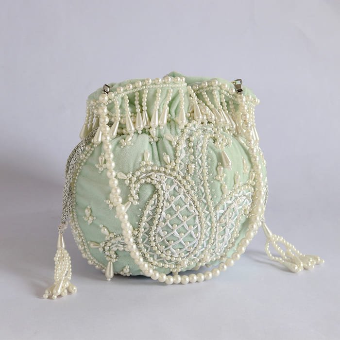 Sukoon Hand Embroidered Potli | Elegant Pearl Handle Accessory - Sukoon_blue