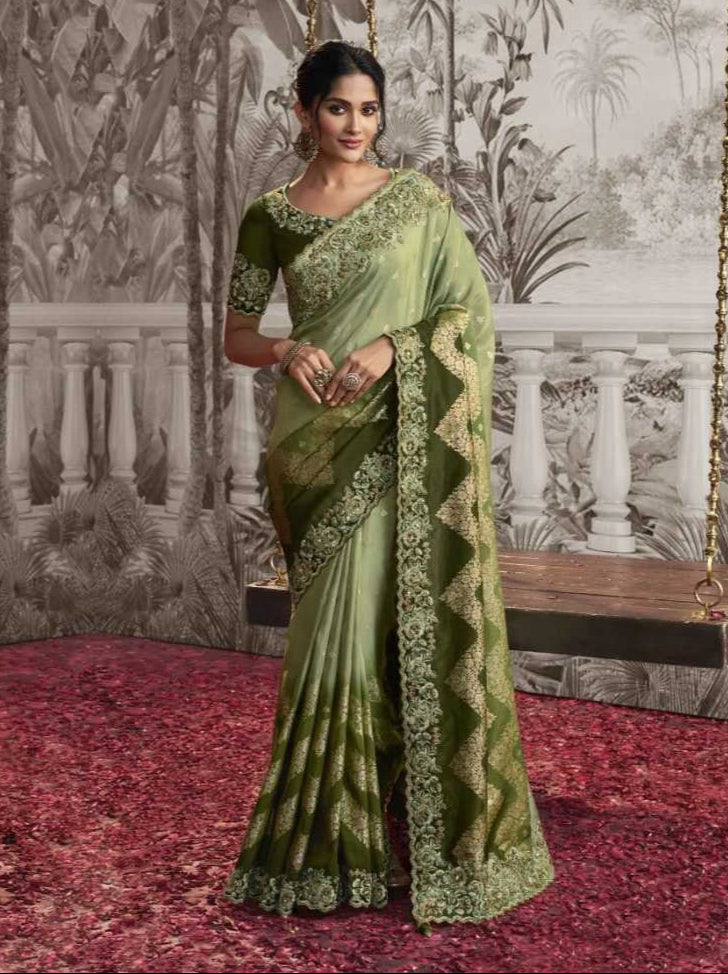 Light Green Dola Silk Saree | Stylish Zari Embroidery and Pretty Latkan