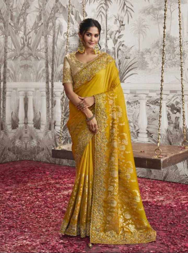 Yellow Dola Silk Saree | Zari Embroidery with Elegant Latkan Details