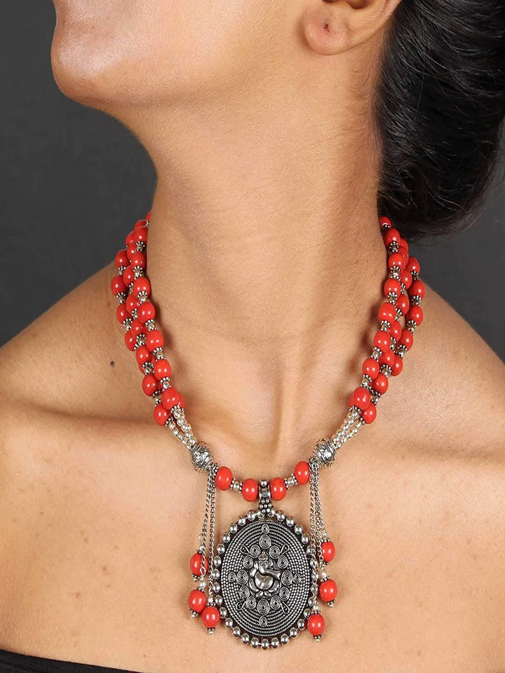 Pearl Oxidised Long Pendant Necklace Set | Elegant Statement Jewelry