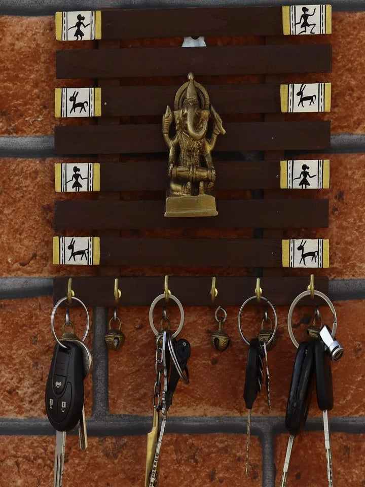 Handmade Sheesham Wood Key Holder | Unique Wall Decor with Warli Art