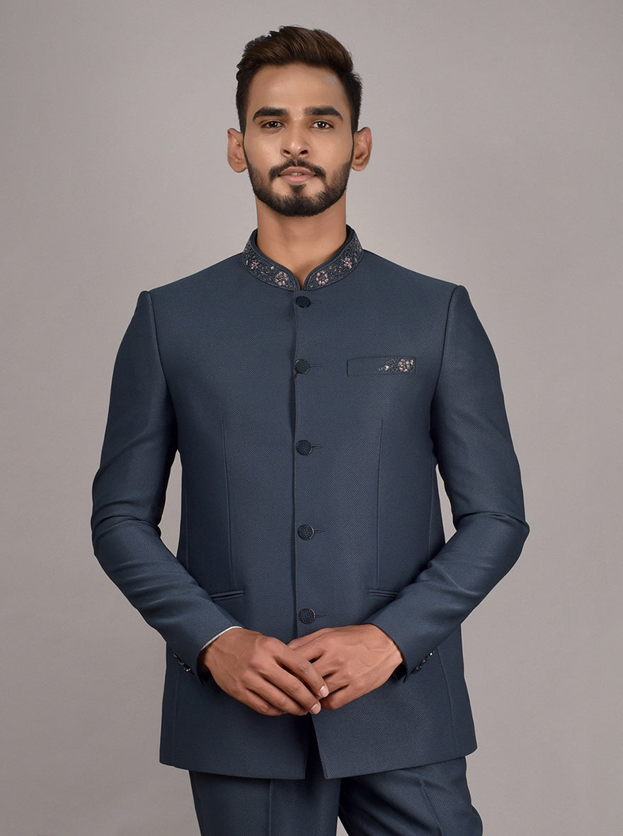 Blue Jodhpuri Suit with hand-embroidered floral design for men's weddings.