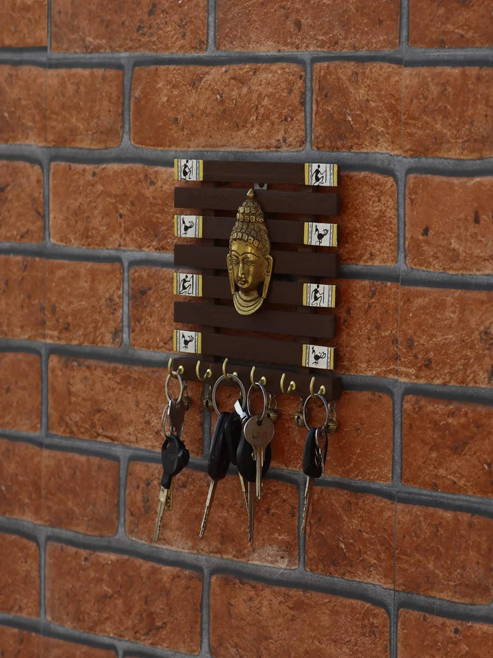 Sheesham Wood Key Holder | Handmade Warli Art Wall Decor with 6 Hooks