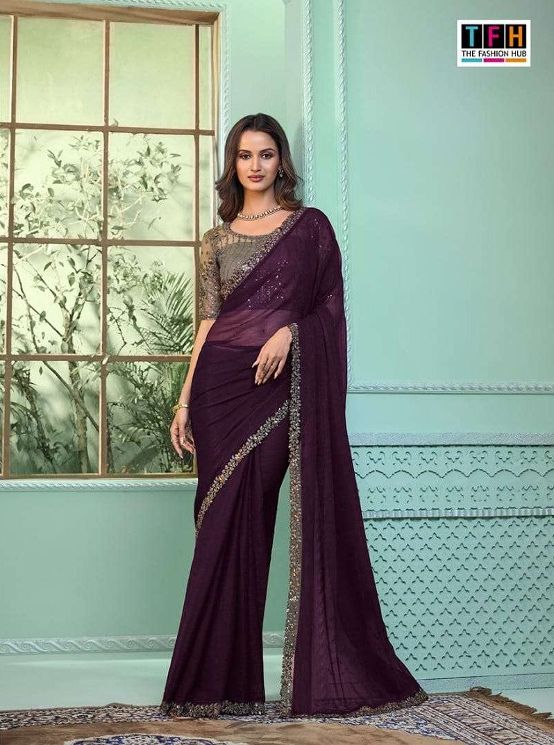 Wine Pure Wine Chiffon Saree | Elegant Lacework Indian Sari for Weddings