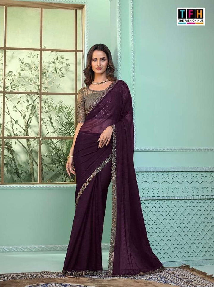 Wine Pure Wine Chiffon Saree | Elegant Lacework Indian Sari for Weddings