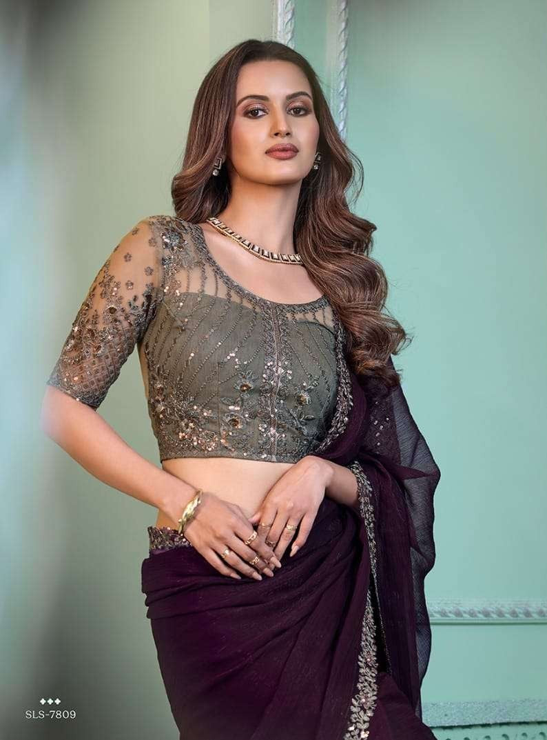 Wine Pure Wine Chiffon Saree | Elegant Lacework Indian Sari for Weddings