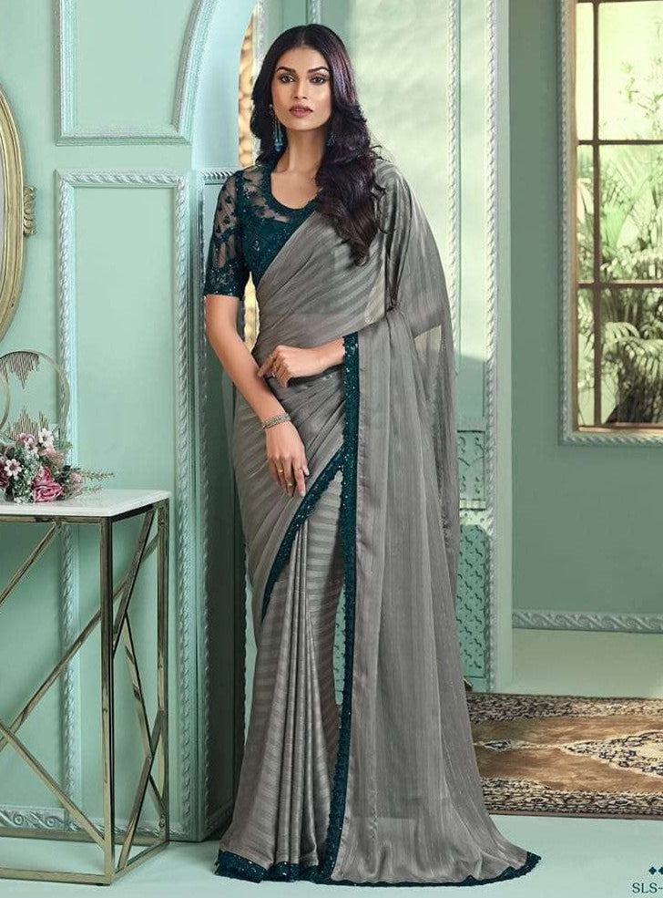 Elegant Grey Georgette Silk Saree | Silver Pattern Indian Sadi for Special Occasions