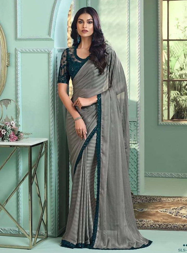 Elegant Grey Georgette Silk Saree | Silver Pattern Indian Sadi for Special Occasions
