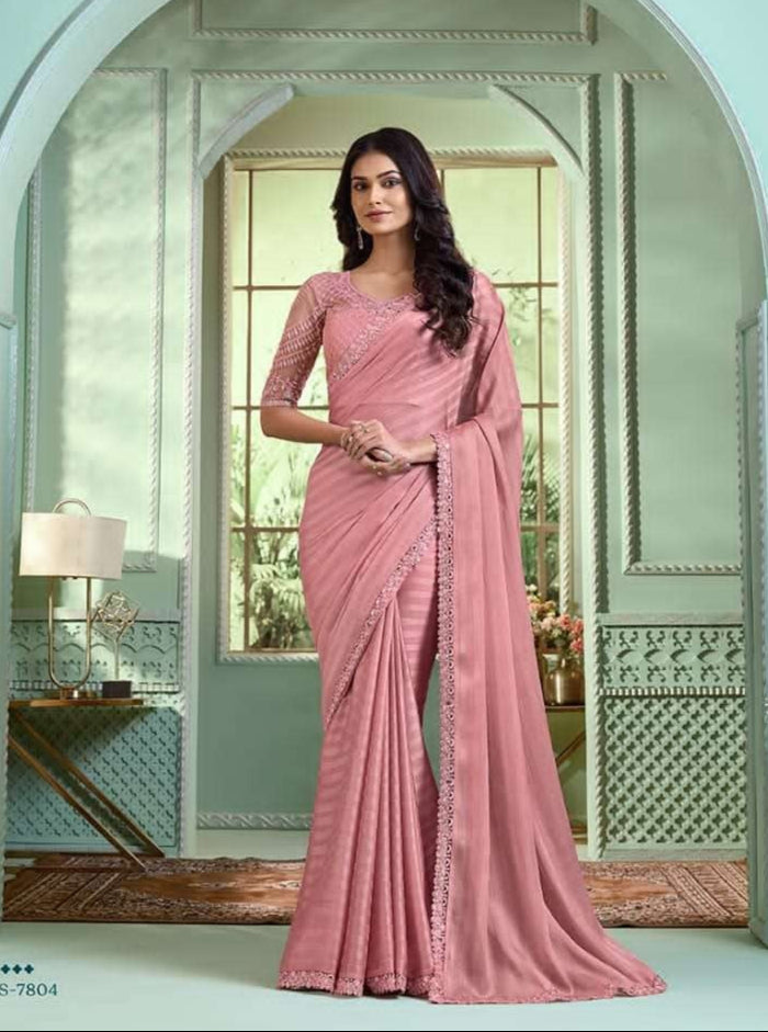 Baby Pink Golden Shimmer Georgette Saree | Lacework Indian Sari for Parties