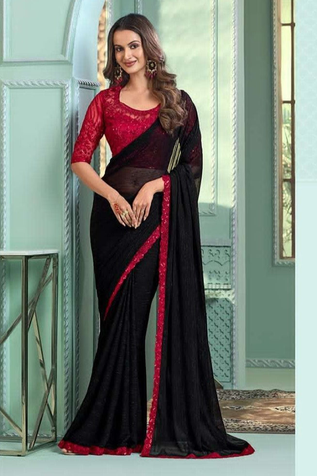 Elegant Black Chiffon Saree | Pure Indian Sadi for Formal Events