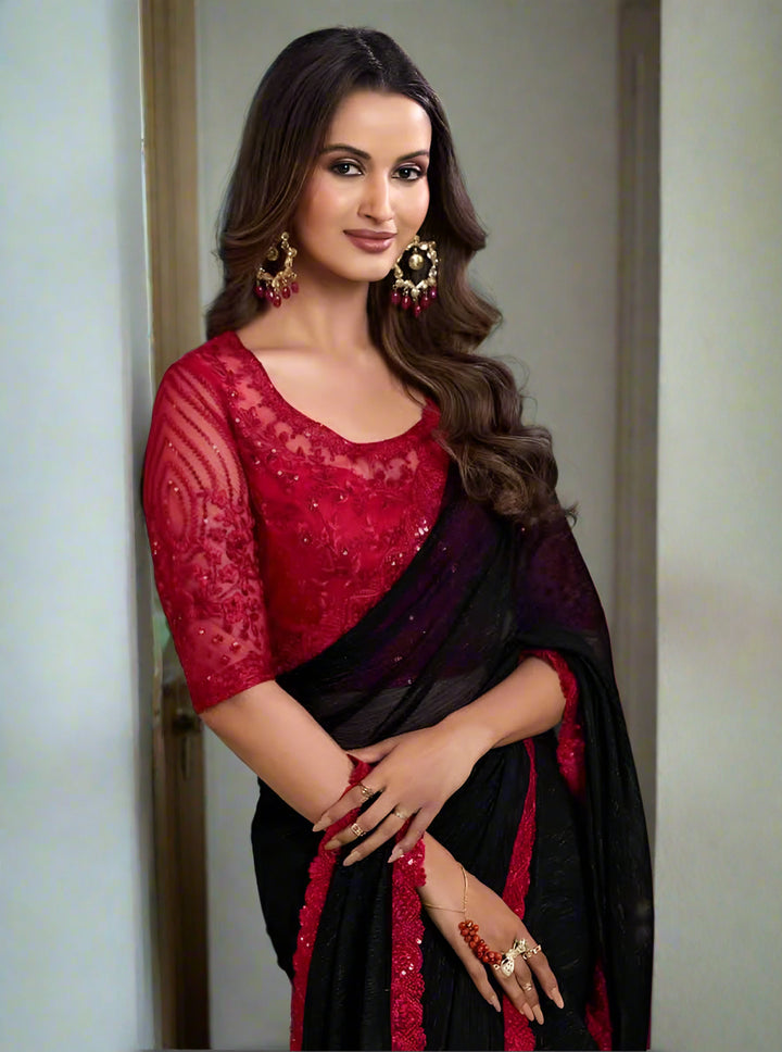 Elegant Black Chiffon Saree | Pure Indian Sadi for Formal Events