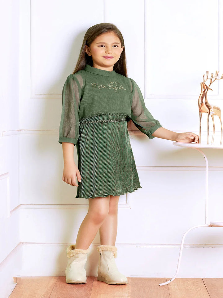 Trendy Green Kids Dress | Satin Lycra & Tissue Fabric
