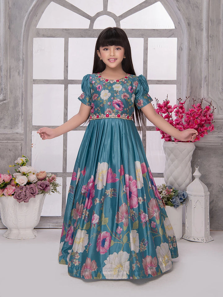 Beautiful Floral Printed Anarkali Gown | Light Blue Synthetic Wedding Dress