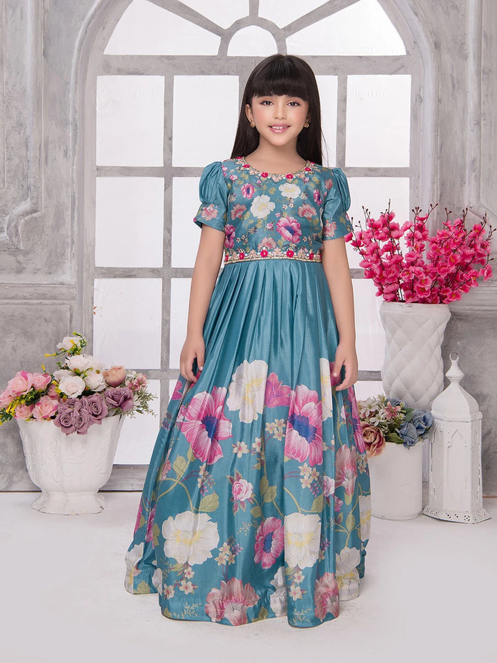 Beautiful Floral Printed Anarkali Gown | Light Blue Synthetic Wedding Dress
