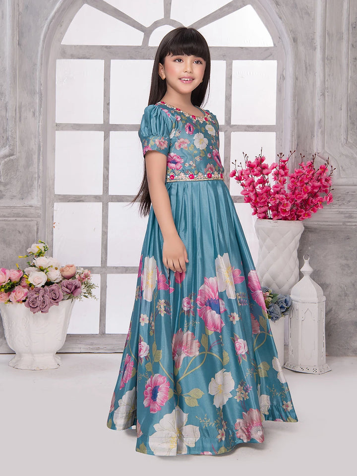 Beautiful Floral Printed Anarkali Gown | Light Blue Synthetic Wedding Dress