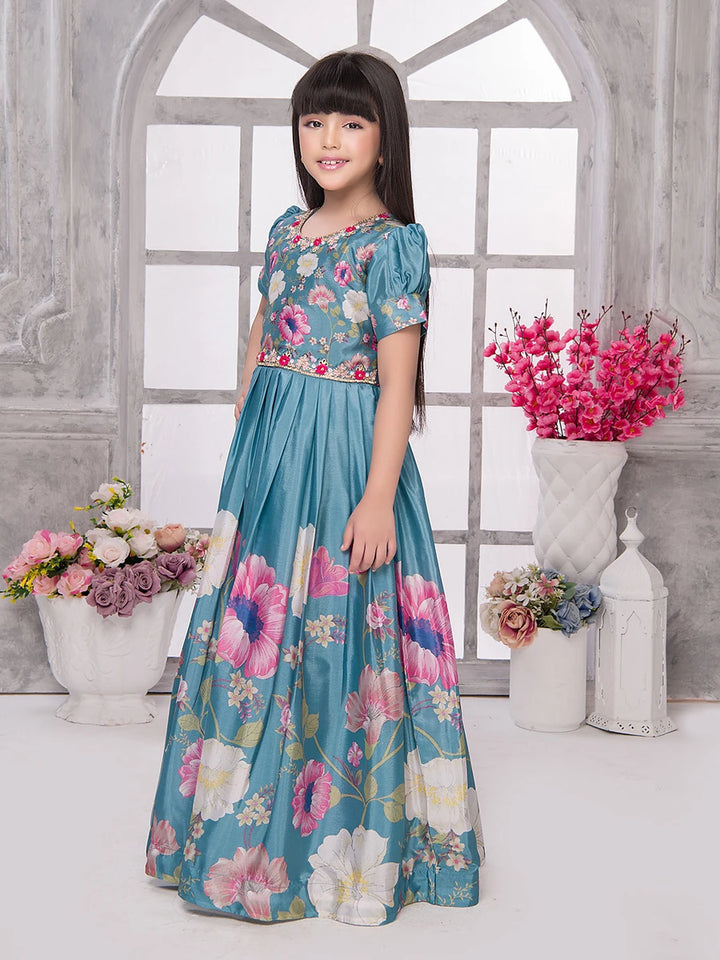 Beautiful Floral Printed Anarkali Gown | Light Blue Synthetic Wedding Dress