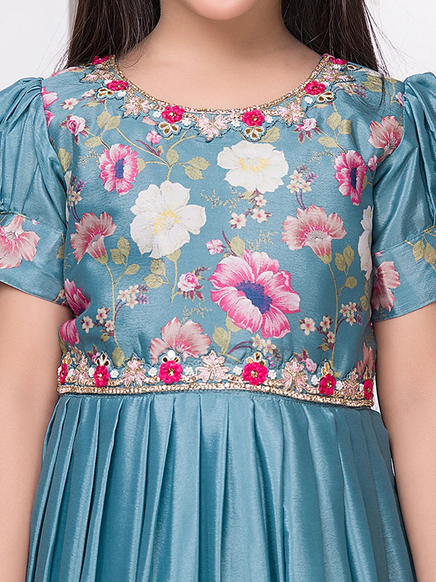 Beautiful Floral Printed Anarkali Gown | Light Blue Synthetic Wedding Dress