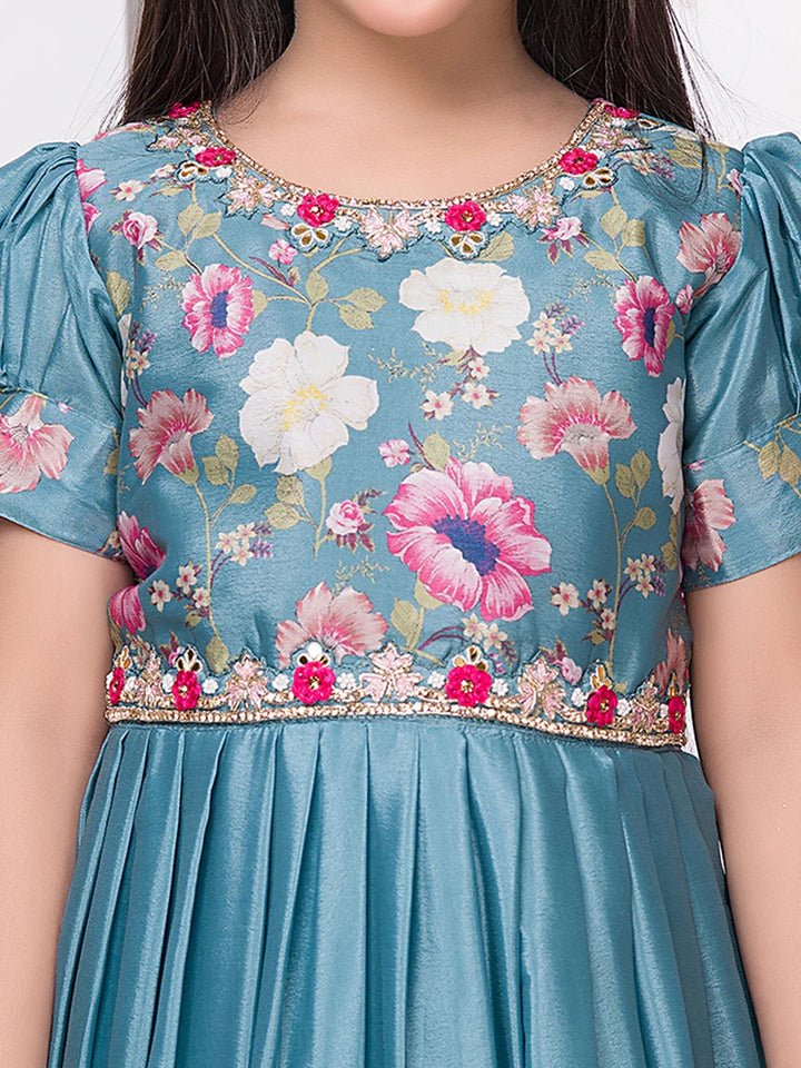 Beautiful Floral Printed Anarkali Gown | Light Blue Synthetic Wedding Dress