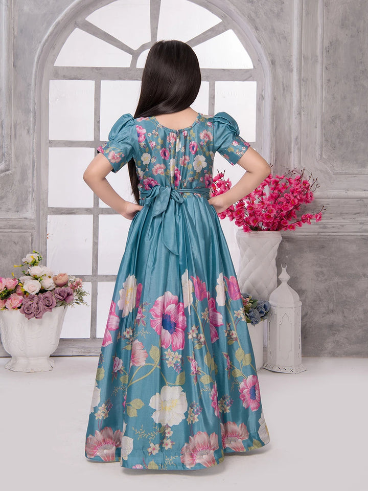 Beautiful Floral Printed Anarkali Gown | Light Blue Synthetic Wedding Dress