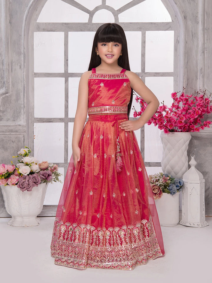 Red Tissue Lehenga Choli for Kids | Embroidered Party Wear Set