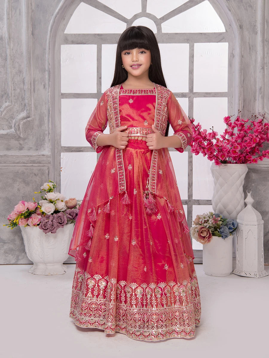 Red Tissue Lehenga Choli for Kids | Embroidered Party Wear Set